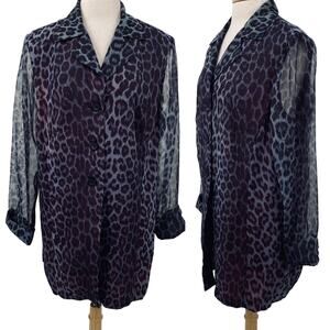 Vintage 90s Leopard Print Shirt Jacket Blazer Oversized Sheer Long Sleeve Blue